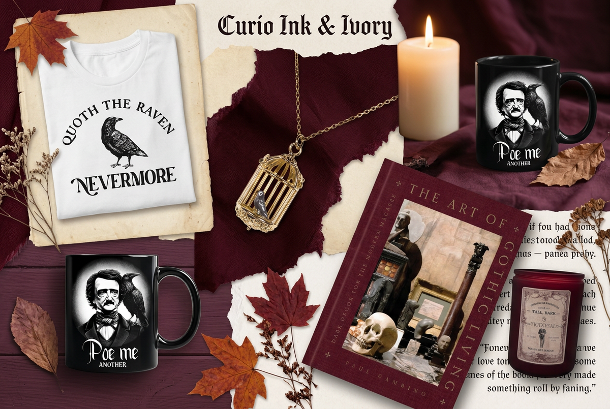 Fall bookish lifestyle collage with Curio Ink & Ivory products